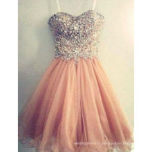 Free Shipping Hot Sale Popular Spaghetti Strap Tulle Beaded Short Coral Prom Dresses Peach Prom Gown